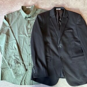 COOFANDY Mens Textured Green Long Sleeve Button Up Shirt & Black Blazer Size M